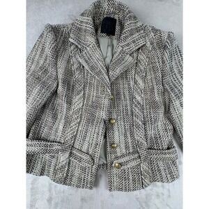Mina Self Womens Tweed Blazer Jacket Beige Brown Gold Crest Buttons Size L NWT